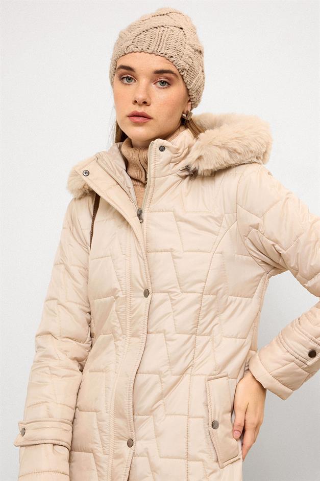 معطف مبطن بغطاء رأس وسحاب من الفرو القابل للإزالة حجر 6779