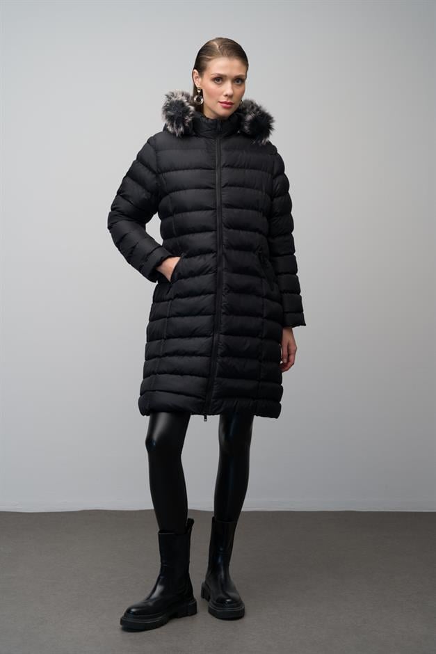 Detachable Fur Hooded Puffer Jacket BLACK 6401