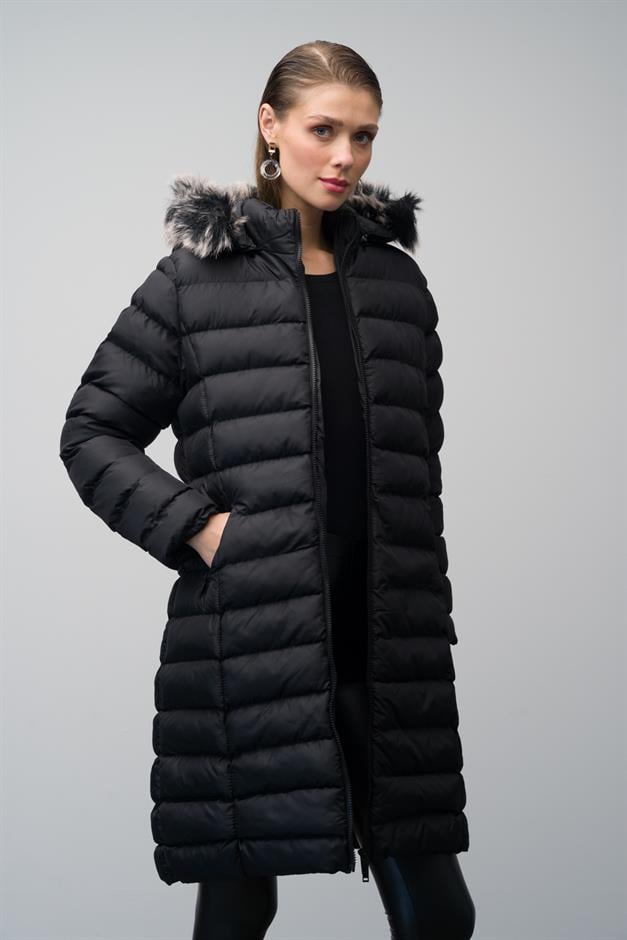 Detachable Fur Hooded Puffer Jacket BLACK 6401