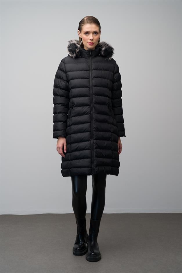 Detachable Fur Hooded Puffer Jacket BLACK 6401