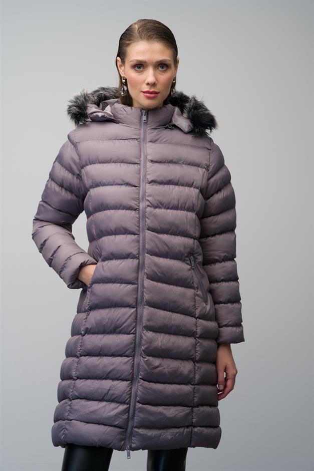 Detachable Fur Hooded Puffer Jacket GREY 6401