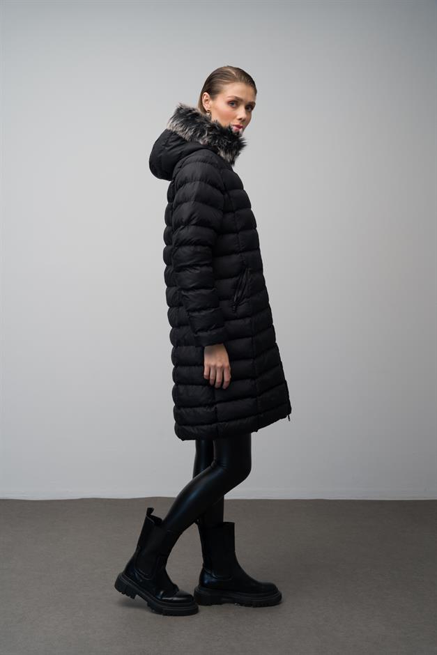 Detachable Fur Hooded Puffer Jacket BLACK 6401