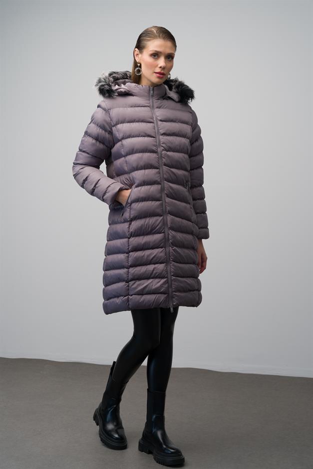 Detachable Fur Hooded Puffer Jacket GREY 6401
