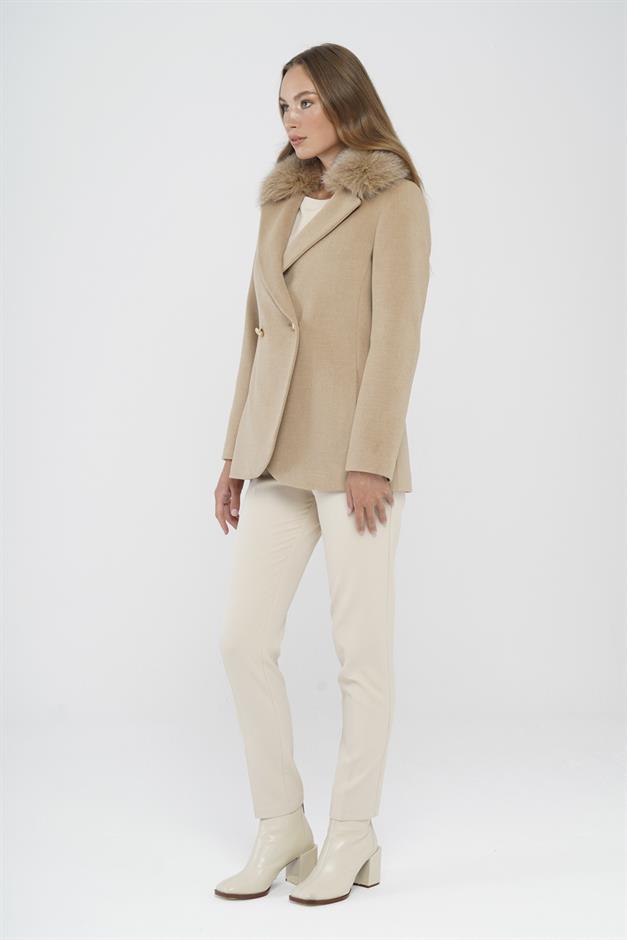 Double-Breasted Short Cashmere Coat with Detachable Fur BEIGE 3824-TK