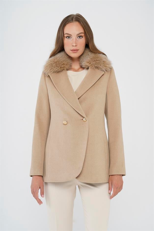 Double-Breasted Short Cashmere Coat with Detachable Fur BEIGE 3824-TK