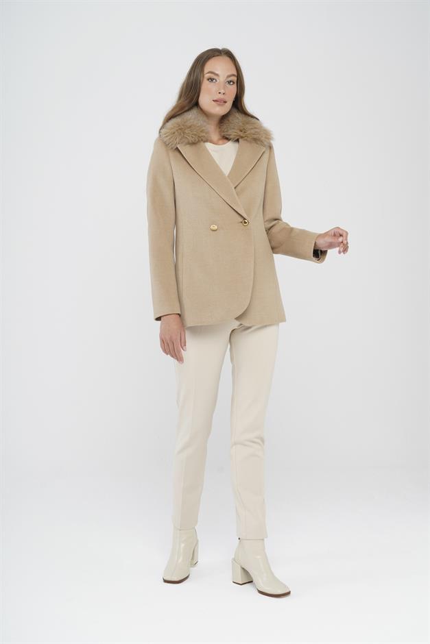 Double-Breasted Short Cashmere Coat with Detachable Fur BEIGE 3824-TK