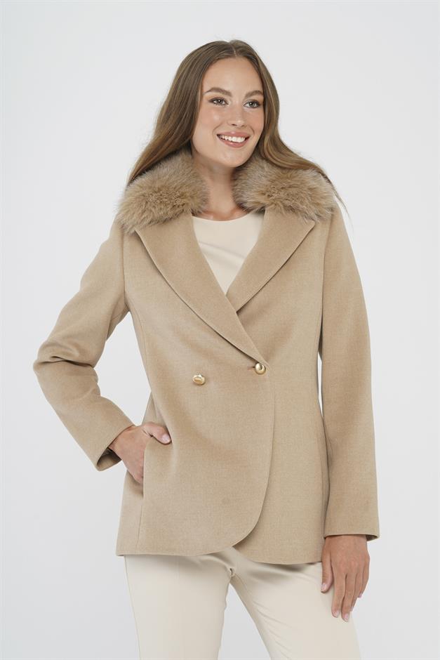 Double-Breasted Short Cashmere Coat with Detachable Fur BEIGE 3824-TK