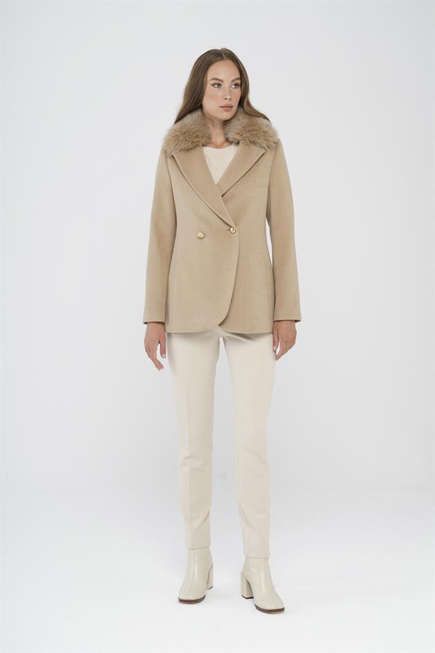 Double-Breasted Short Cashmere Coat with Detachable Fur BEIGE 3824-TK