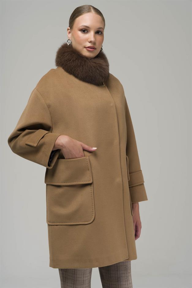 Oversized Cashmere Coat with Removable Fur Pouch Pocket CAMEL 3924-TK