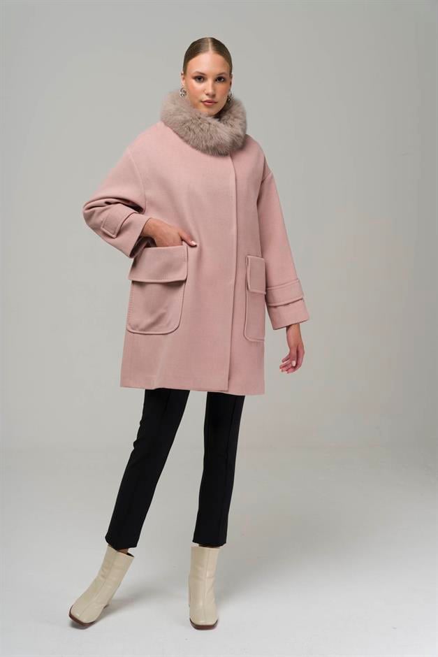 Oversized Cashmere Coat with Removable Fur Pouch Pocket POWDER 3924-TK