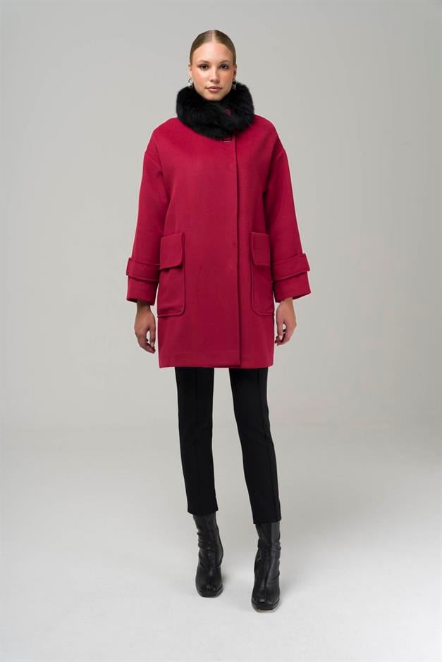 Oversized Cashmere Coat with Removable Fur Pouch Pocket CRIMSON 3924-TK