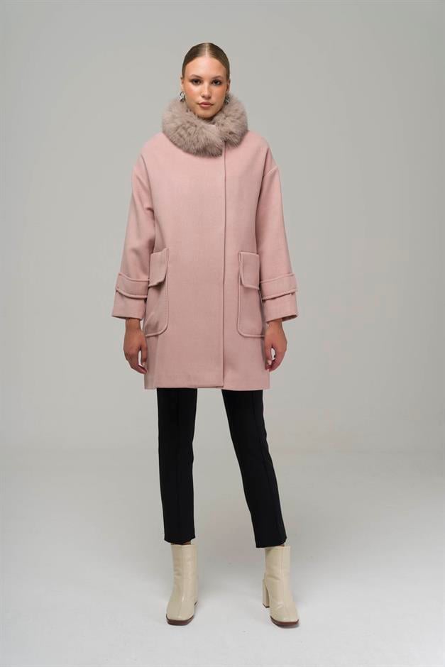 Oversized Cashmere Coat with Removable Fur Pouch Pocket POWDER 3924-TK