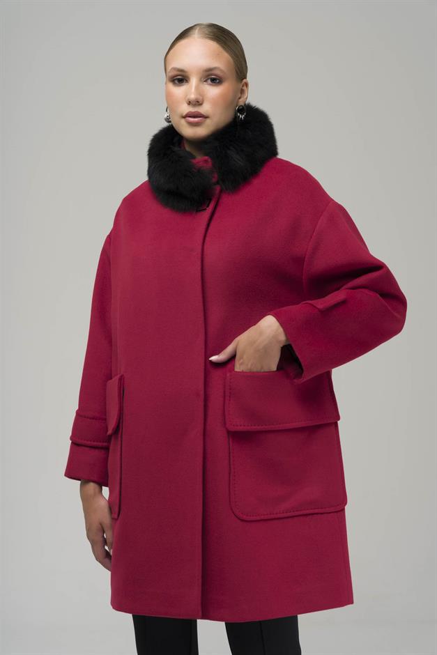 Oversized Cashmere Coat with Removable Fur Pouch Pocket CRIMSON 3924-TK