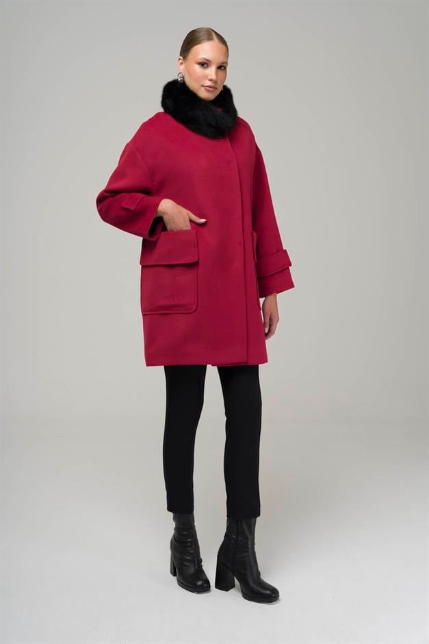 Oversized Cashmere Coat with Removable Fur Pouch Pocket CRIMSON 3924-TK