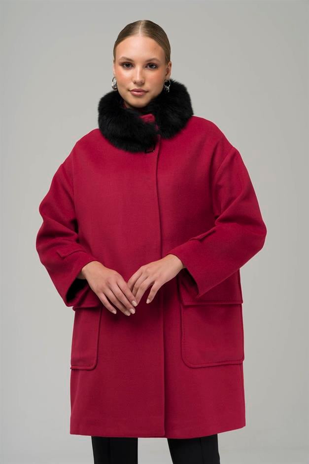 Oversized Cashmere Coat with Removable Fur Pouch Pocket CRIMSON 3924-TK