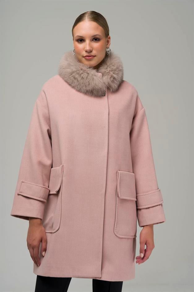 Oversized Cashmere Coat with Removable Fur Pouch Pocket POWDER 3924-TK