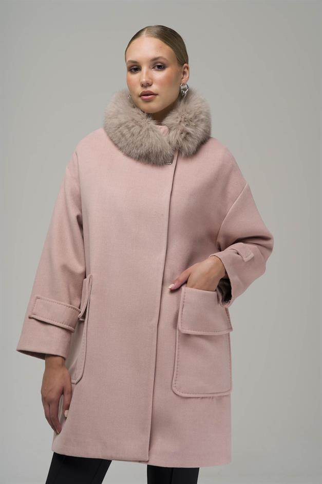 Oversized Cashmere Coat with Removable Fur Pouch Pocket POWDER 3924-TK