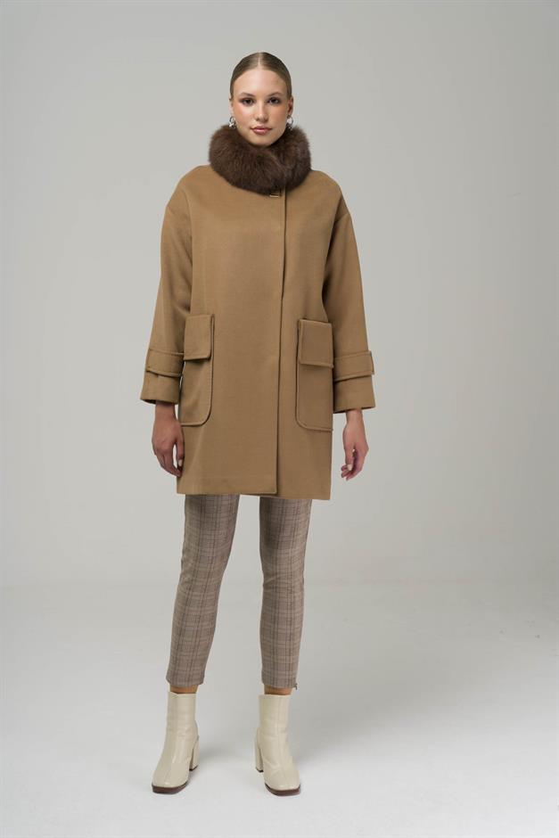 Oversized Cashmere Coat with Removable Fur Pouch Pocket CAMEL 3924-TK