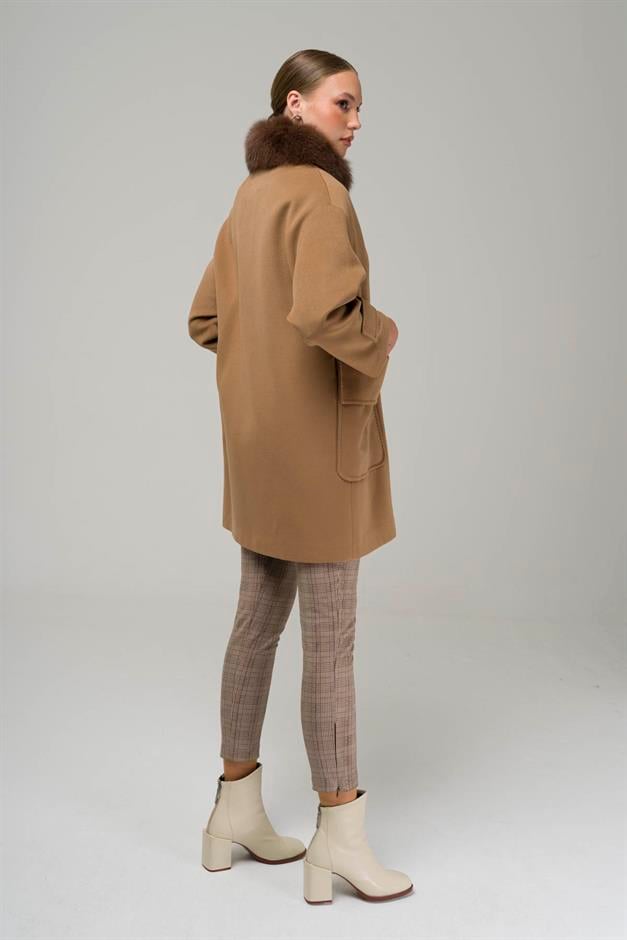 Oversized Cashmere Coat with Removable Fur Pouch Pocket CAMEL 3924-TK