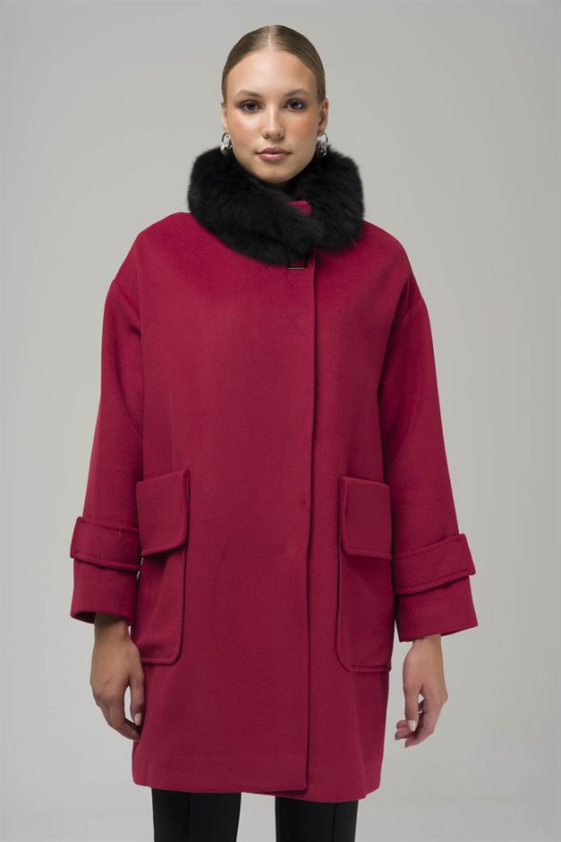 Oversized Cashmere Coat with Removable Fur Pouch Pocket CRIMSON 3924-TK