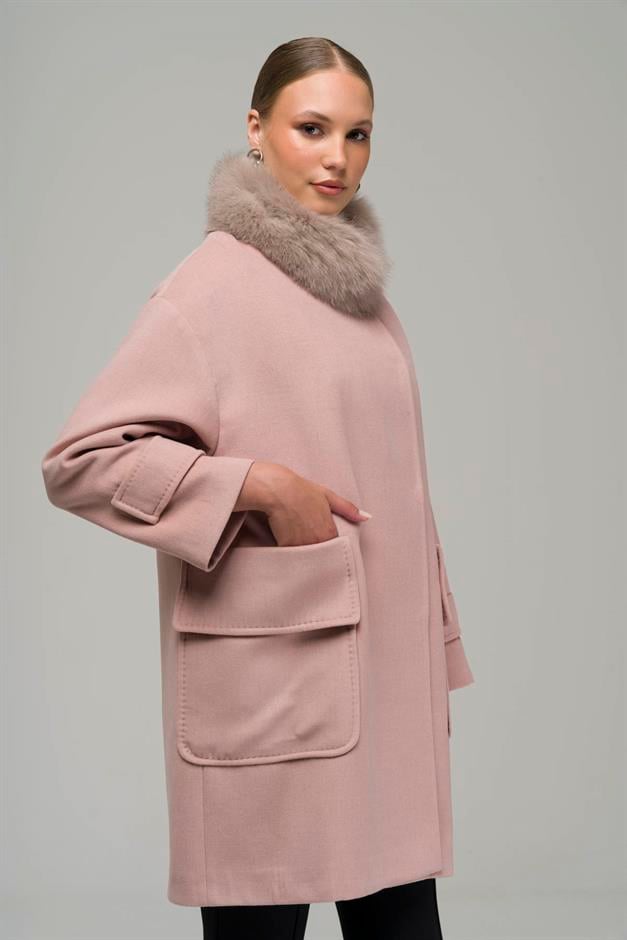 Oversized Cashmere Coat with Removable Fur Pouch Pocket POWDER 3924-TK