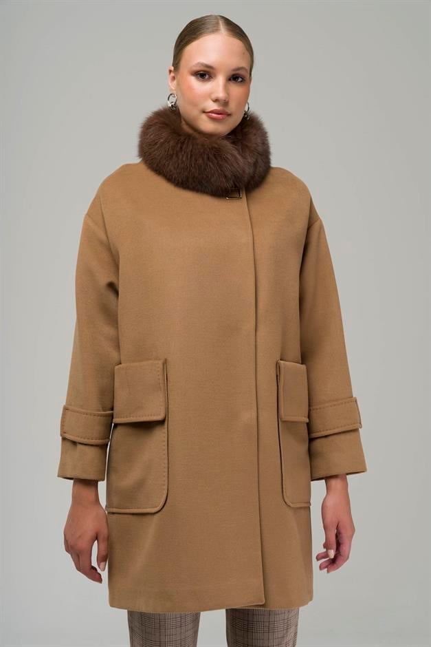 Oversized Cashmere Coat with Removable Fur Pouch Pocket CAMEL 3924-TK