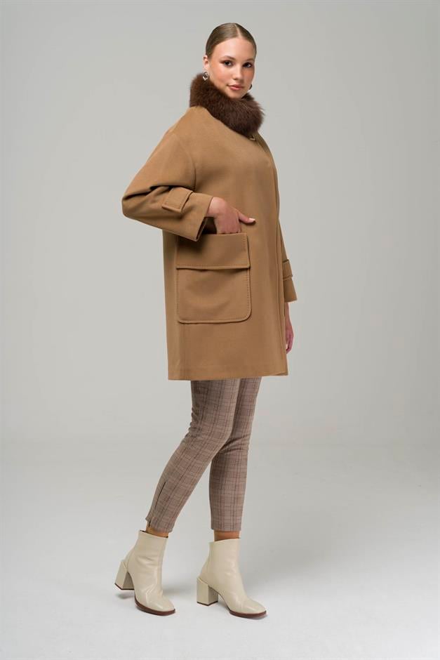 Oversized Cashmere Coat with Removable Fur Pouch Pocket CAMEL 3924-TK