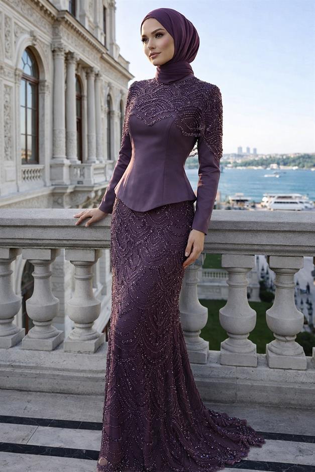 Çıkabilir Pelerin Detaylı Saten ve Tül Kombinli Exclusive Tesettür Abiye Elbise LİLA 1064