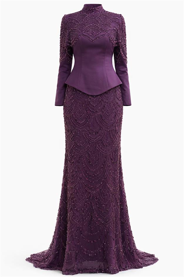 Çıkabilir Pelerin Detaylı Saten ve Tül Kombinli Exclusive Tesettür Abiye Elbise LİLA 1064