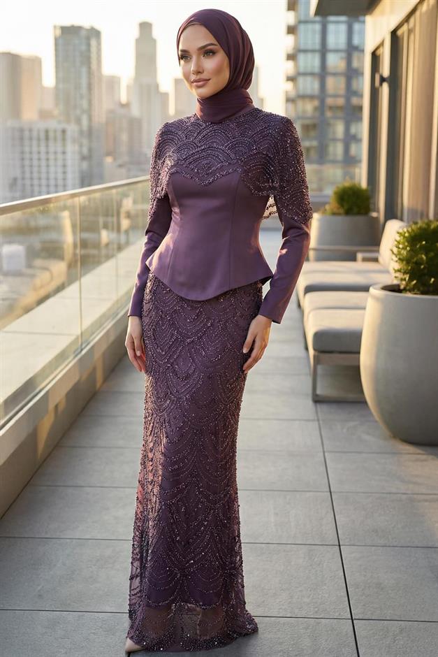 Çıkabilir Pelerin Detaylı Saten ve Tül Kombinli Exclusive Tesettür Abiye Elbise LİLA 1064