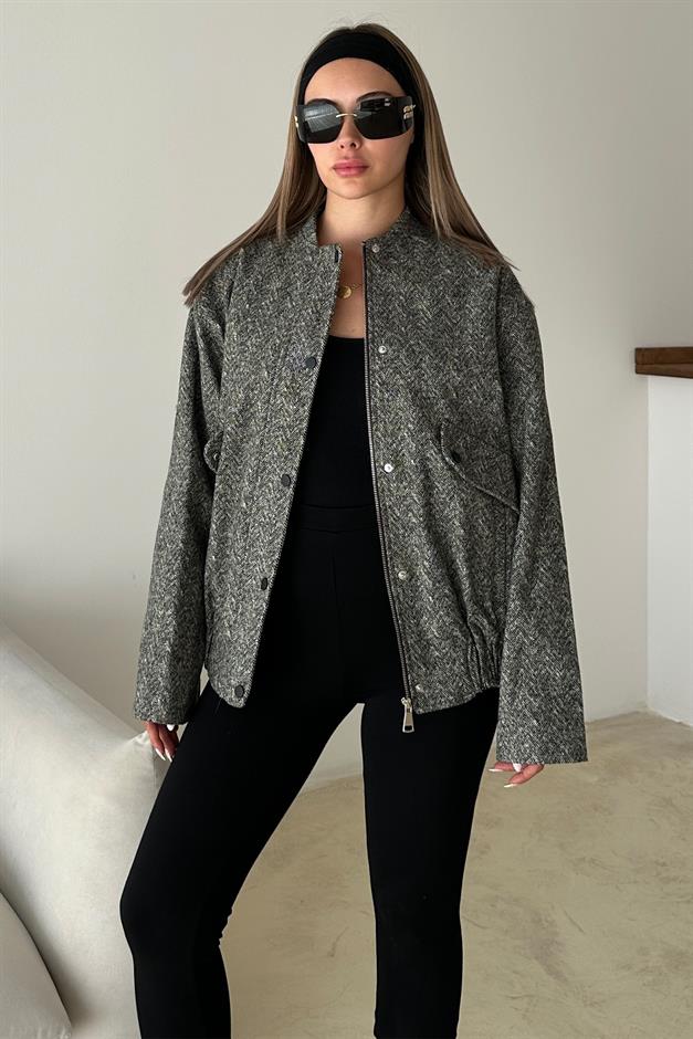 Herringbone Bomber Cashmere Jacket with Snap Detail GREY 8275