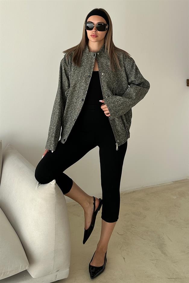 Herringbone Bomber Cashmere Jacket with Snap Detail GREY 8275