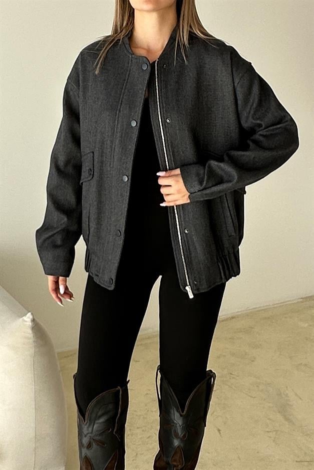 Herringbone Bomber Cashmere Jacket with Snap Detail HARD COAL 8275