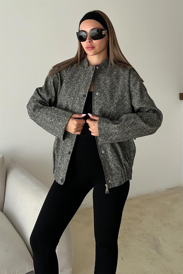 Herringbone Bomber Cashmere Jacket with Snap Detail GREY 8275