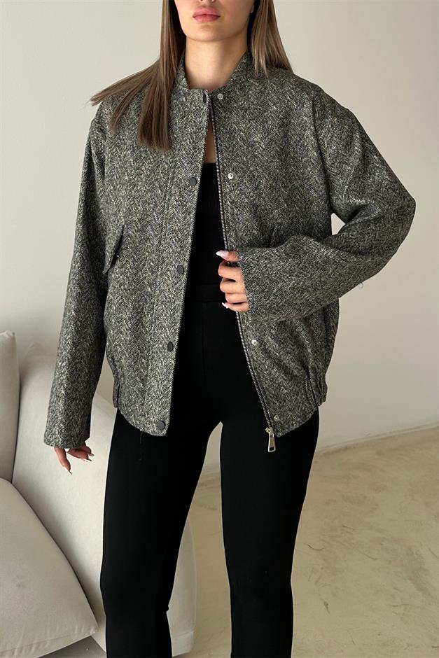 Herringbone Bomber Cashmere Jacket with Snap Detail GREY 8275