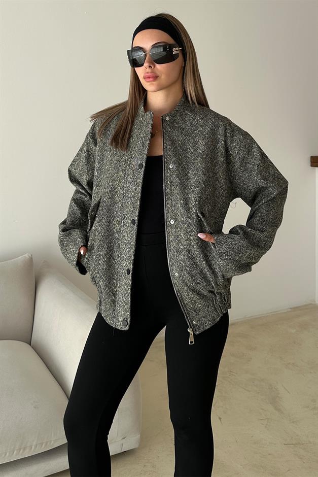 Herringbone Bomber Cashmere Jacket with Snap Detail GREY 8275