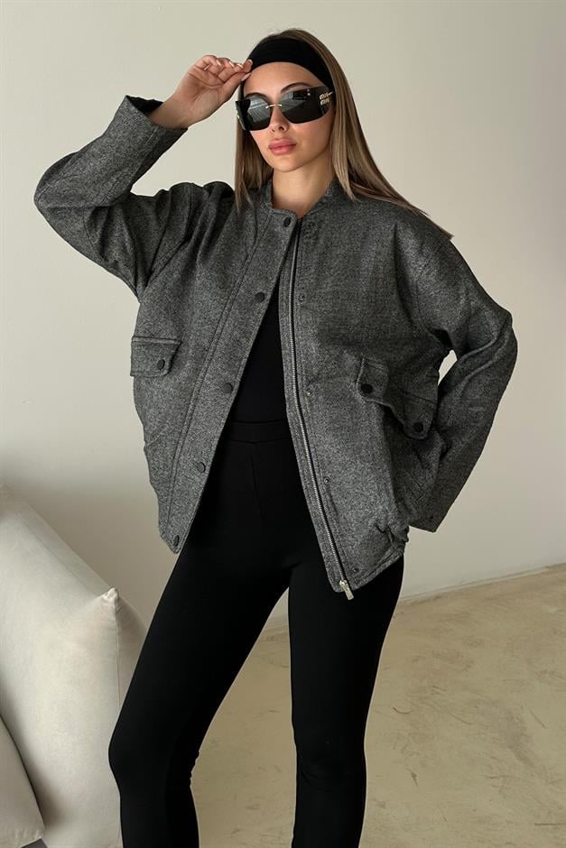 Bomber Cashmere Jacket with Snap Detail GREY 8276