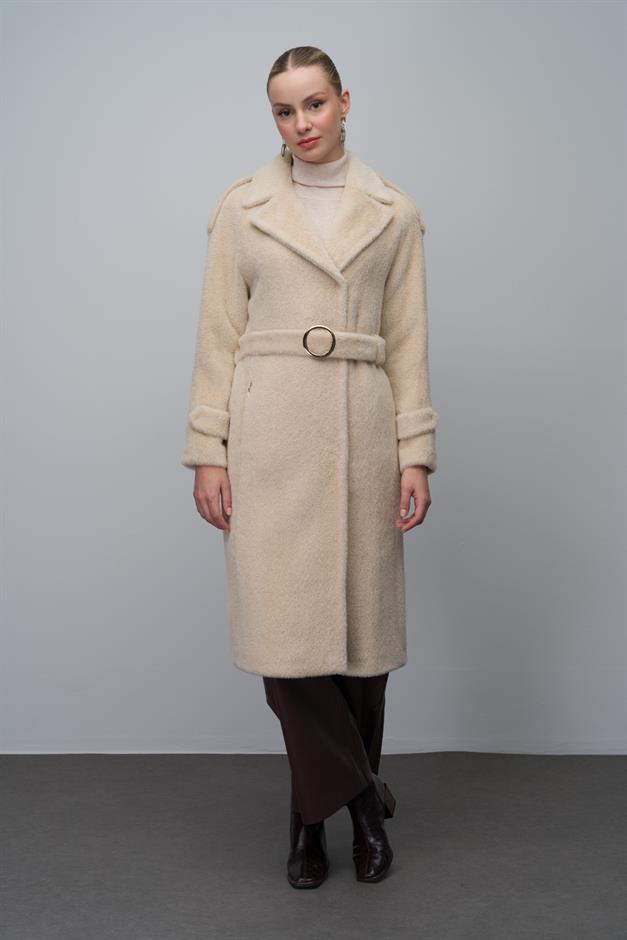 معطف أنجورا بمظهر أنيق مع قفل بزر كبس وكتاف وإكسسوارات سلسلة يفعل 3074