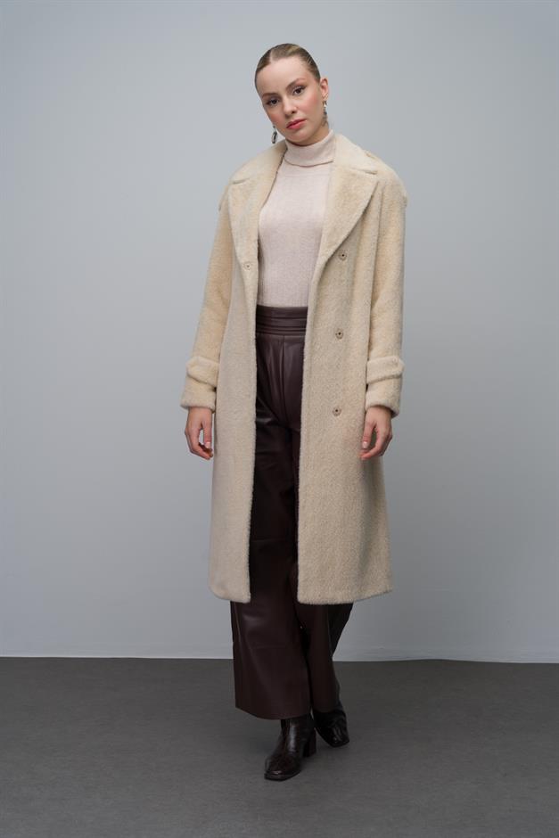 معطف أنجورا بمظهر أنيق مع قفل بزر كبس وكتاف وإكسسوارات سلسلة يفعل 3074