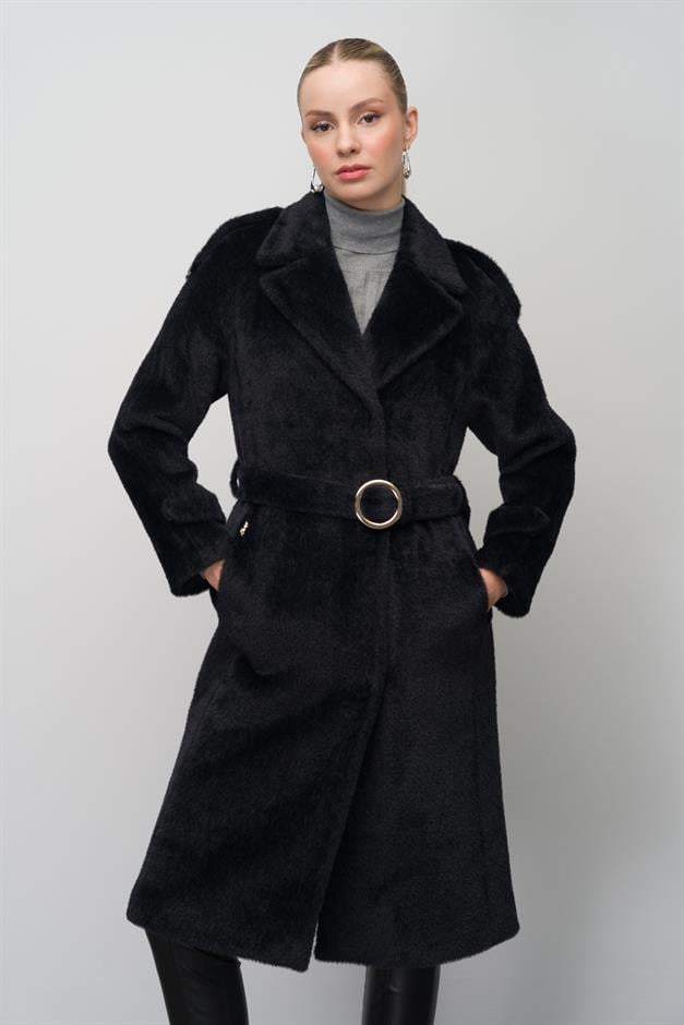 معطف أنجورا بمظهر أنيق مع قفل بزر كبس وكتاف وإكسسوارات سلسلة أسود 3074