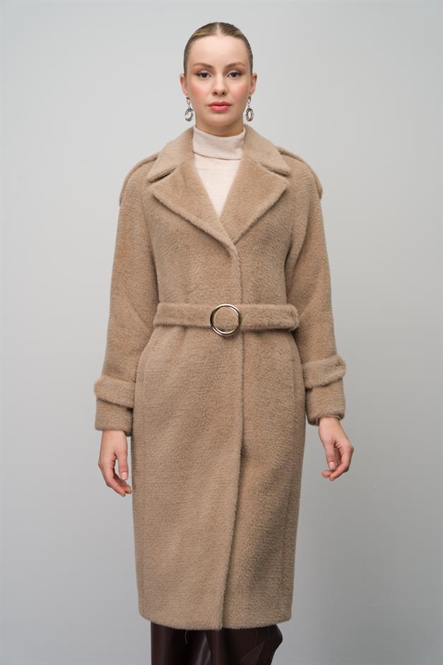 معطف أنجورا بمظهر أنيق مع قفل بزر كبس وكتاف وإكسسوارات سلسلة فيزون 3074