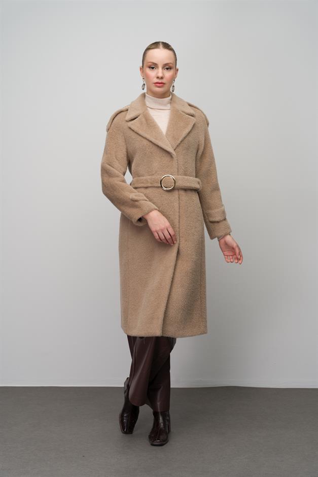 معطف أنجورا بمظهر أنيق مع قفل بزر كبس وكتاف وإكسسوارات سلسلة فيزون 3074