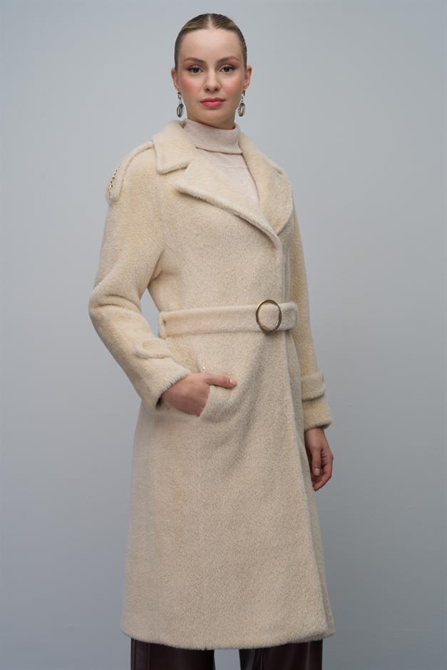 معطف أنجورا بمظهر أنيق مع قفل بزر كبس وكتاف وإكسسوارات سلسلة يفعل 3074