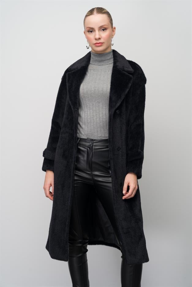 معطف أنجورا بمظهر أنيق مع قفل بزر كبس وكتاف وإكسسوارات سلسلة أسود 3074