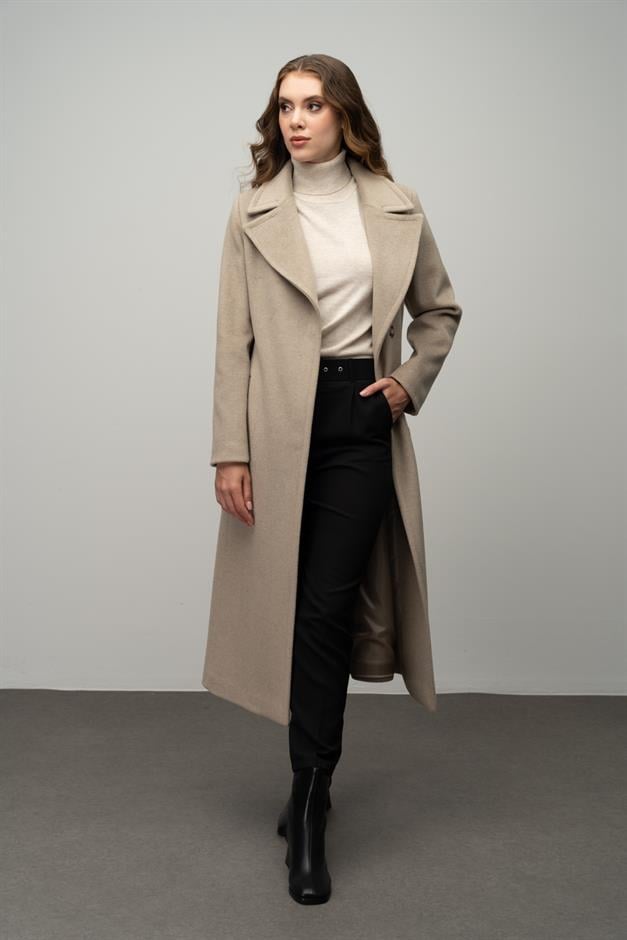 Snap-Front Waist-Tied Exclusive Coat STONE 3057
