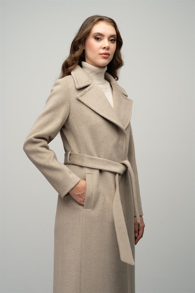 Snap-Front Waist-Tied Exclusive Coat STONE 3057