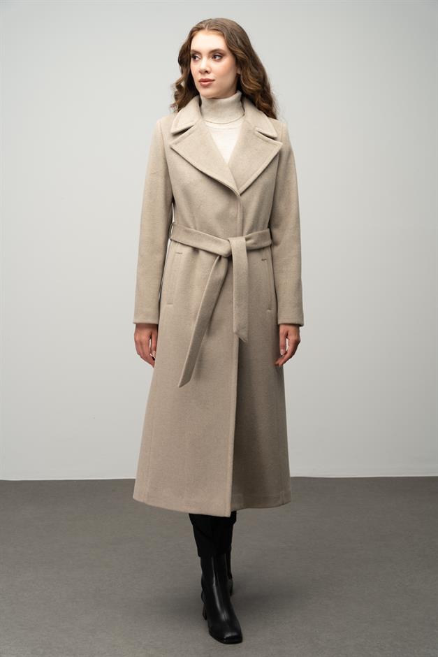 Snap-Front Waist-Tied Exclusive Coat STONE 3057