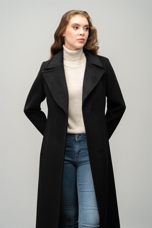 معطف حصري برباط على الخصر مزود بزر كبس أمامي أسود 3057