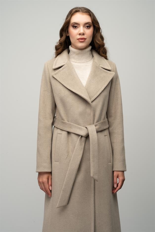Snap-Front Waist-Tied Exclusive Coat STONE 3057