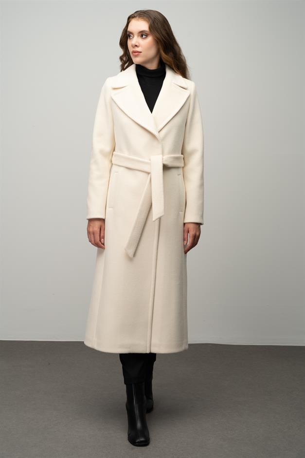 Snap-Front Waist-Tied Exclusive Coat IVORY 3057